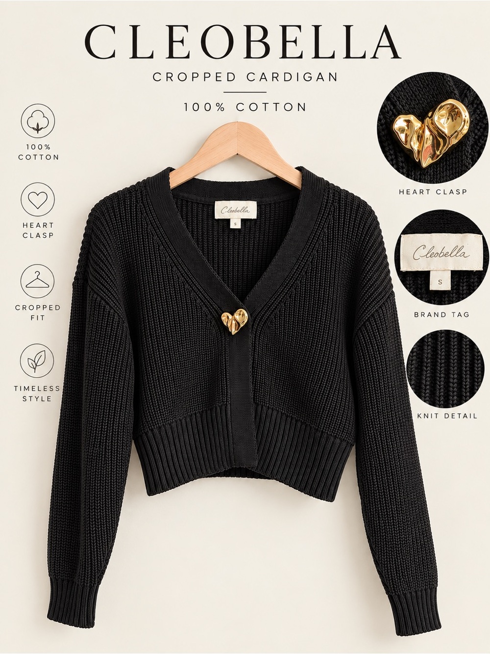 Cleobella Black Cropped Cardigan Small Gold Heart Clasp Chunky Cotton Knit